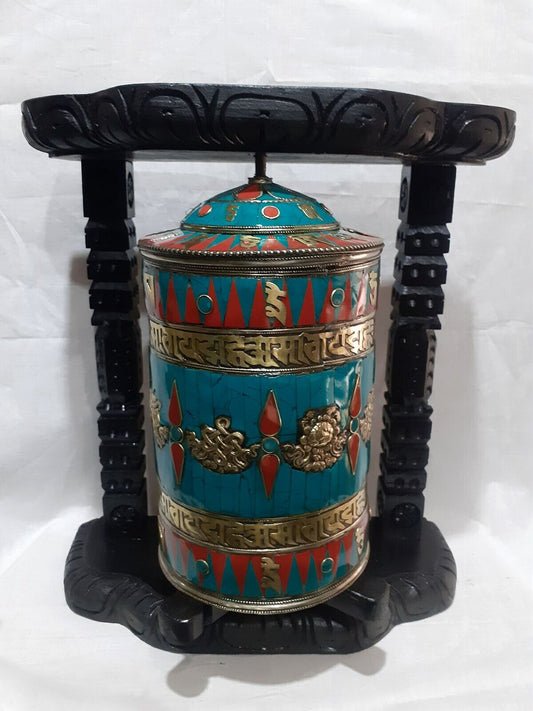 Tibetan Buddhism Om Mantra Resin Stone Copper Brass Handmade Wooden Frame Prayer Wheel Nepal