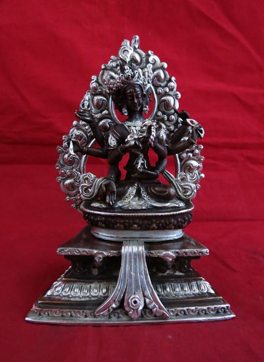 Buddhism Goddess Namgyalma Ushnishavijaya Silver Plated Oxide Copper Statue Figure Nepal