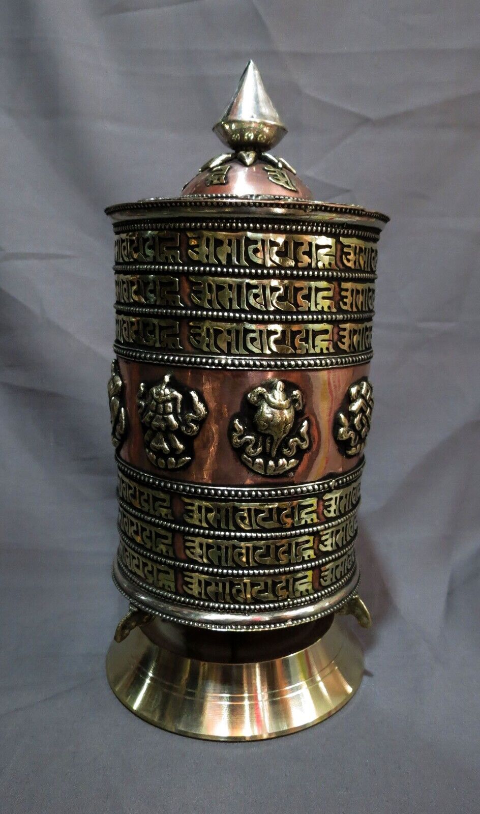 Buddhism Om Mantra 8 Auspicious Sign Brass Copper Offering Table Stand Prayer Wheel Nepal