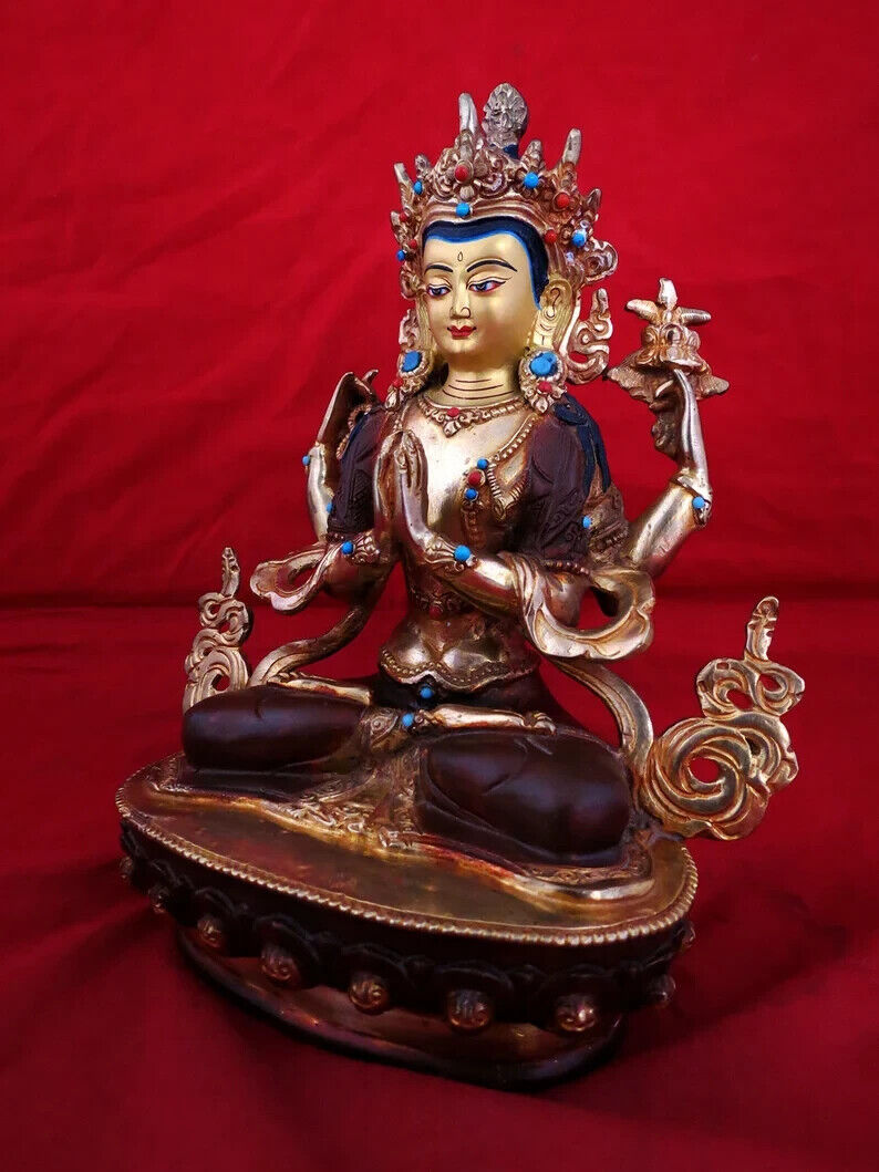 Tibetan Lord Chenrezig Khacheri 8.5" Mercury Gold Plated Copper Statue Figure