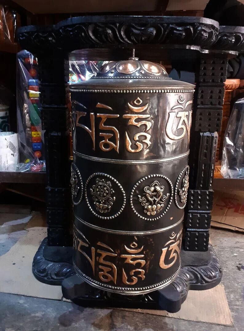 Tibetan 8 Auspicious Sign Om Mantra 25" Wooden Craving Frame Offering Copper Prayer Wheel Nepal