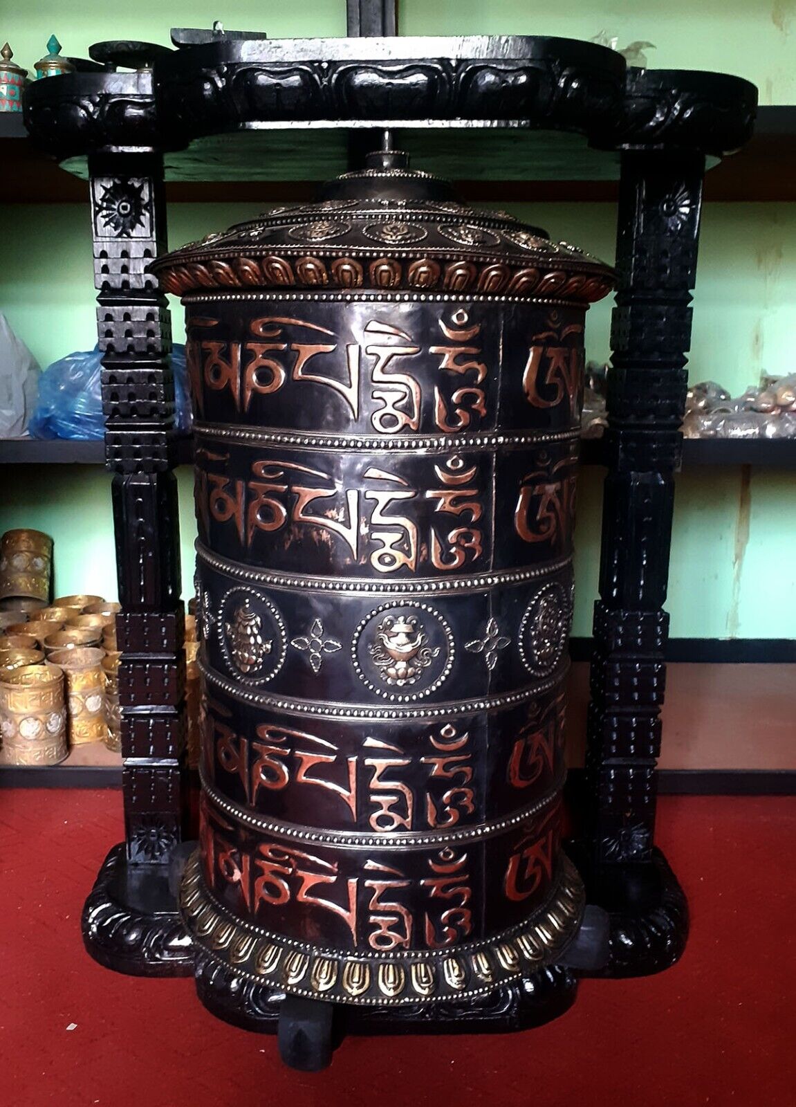 Tibetan Buddhism 40" Om Mantra Auspicious Sign Wooden Frame Copper Prayer Wheel Nepal