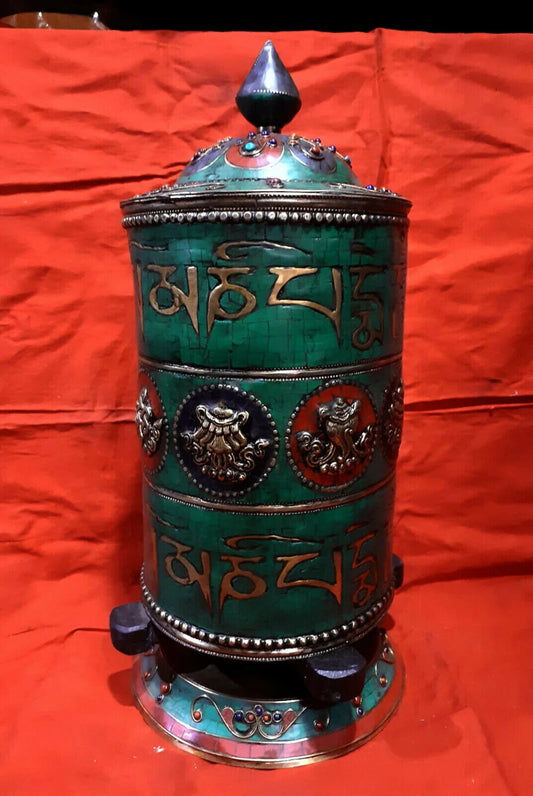 Tibetan Buddhism 8 Auspicious Sign Om Mantra Resin Stone Copper Brass Table Stand Prayer Wheel Nepal