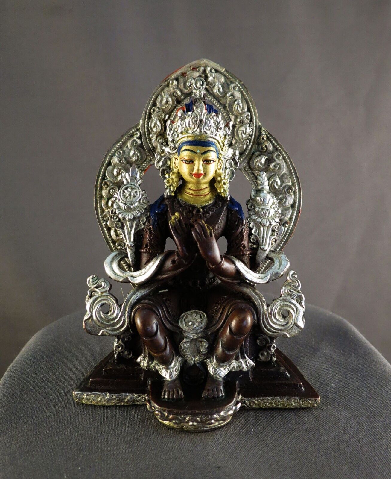 Buddhism Gold Face Hand Painting Lord Maitreya Buddha Silver Oxide Copper Statue Figure Nepal