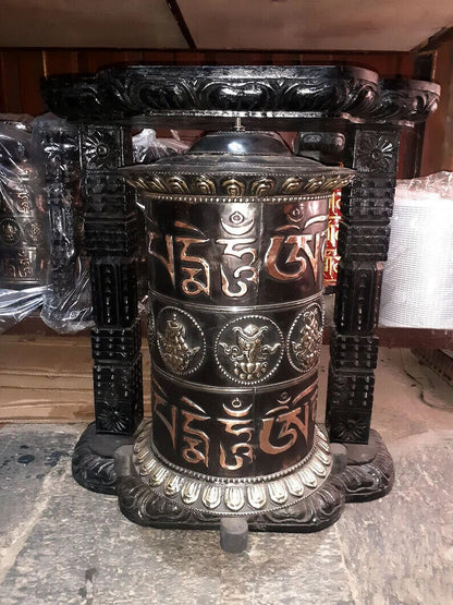 Tibetan Buddhism Om Mantra 8 Auspicious Sign 25" Wooden Carved Frame Offering Copper Prayer Wheel Nepal