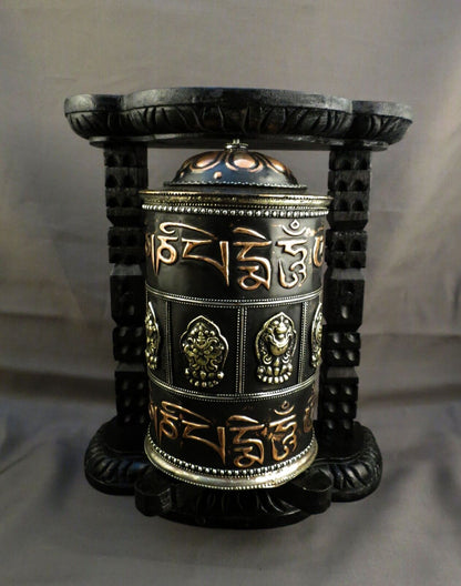 Tibetan Buddhism Om Mantra Auspicious Meditation Offering Oxide Wooden Frame Copper Prayer Wheel Nepal