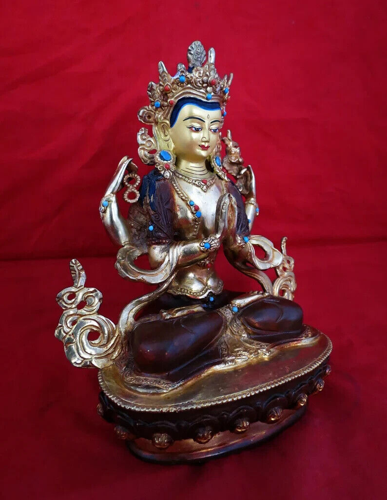 Tibetan Lord Chenrezig Khacheri 8.5" Mercury Gold Plated Copper Statue Figure