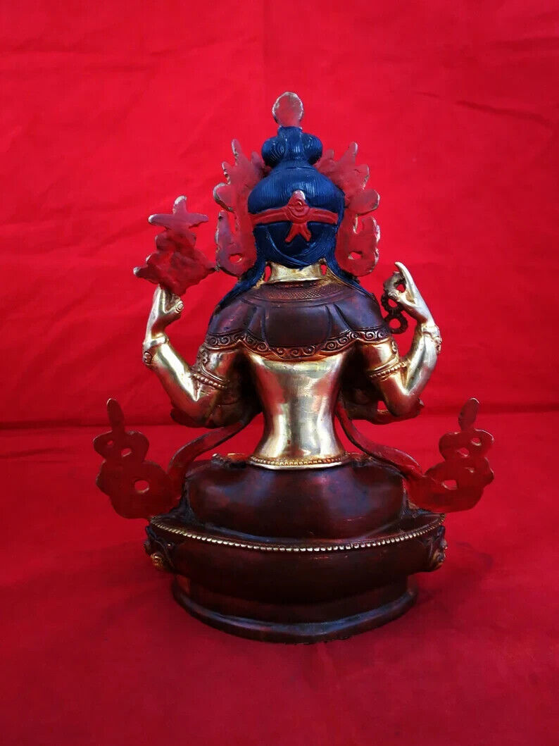 Tibetan Lord Chenrezig Khacheri 8.5" Mercury Gold Plated Copper Statue Figure