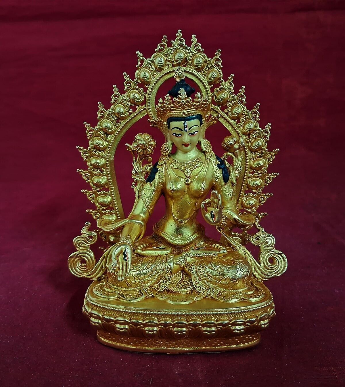 Tibetan Buddhism Goddess White Tara Gold Face Paint Copper Gold Plated Statue Figure Nepal