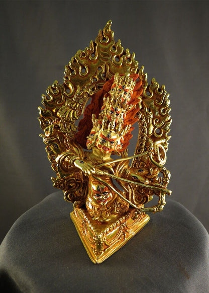 Tibetan Buddhism Warthful Deity Gold face Painting Rahula Śrāvaka Copper Statue Figure Nepal