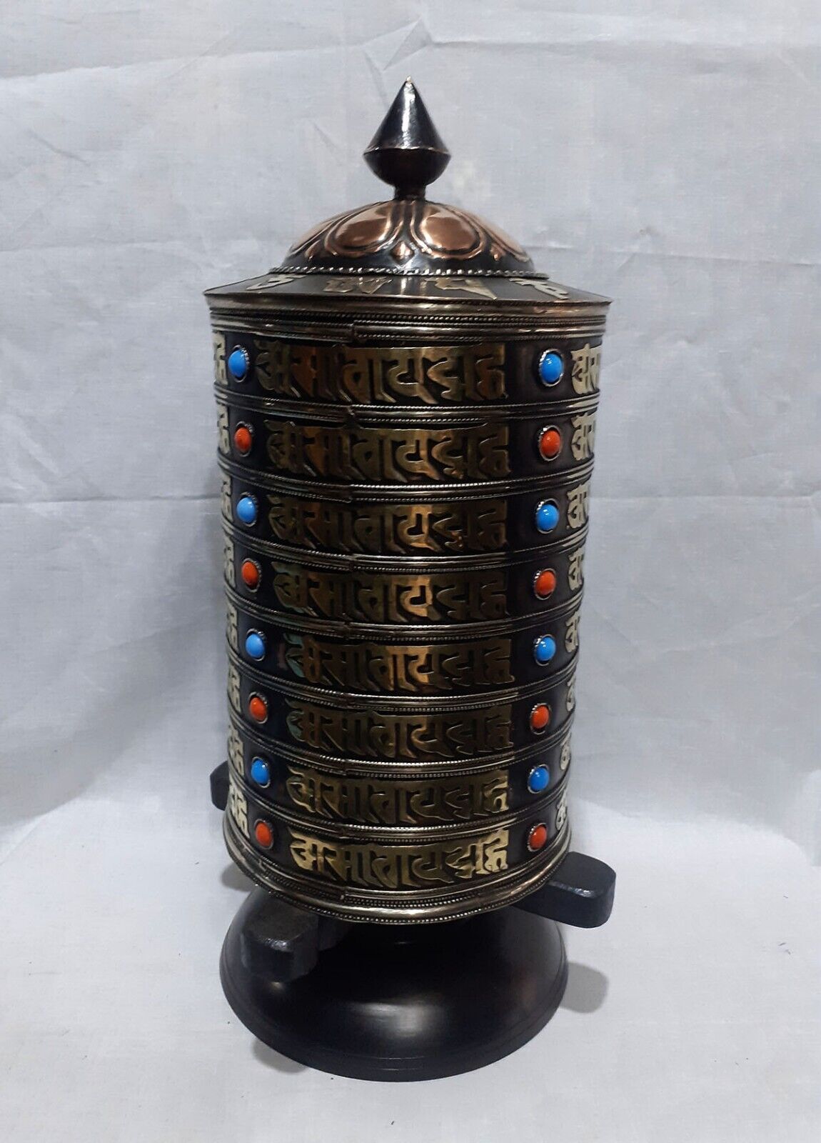 8 Lane Buddhism Om Mani Padme Hum Mantra Copper Brass Stone Offering Prayer Wheel Nepal