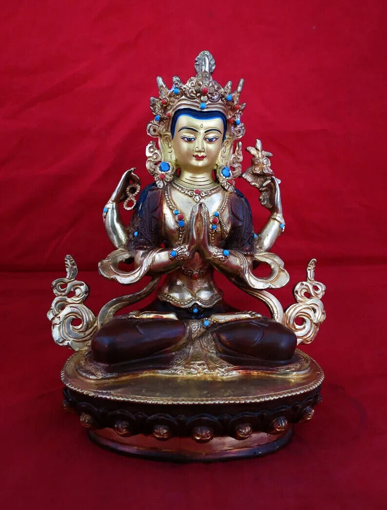 Tibetan Lord Chenrezig Khacheri 8.5" Mercury Gold Plated Copper Statue Figure