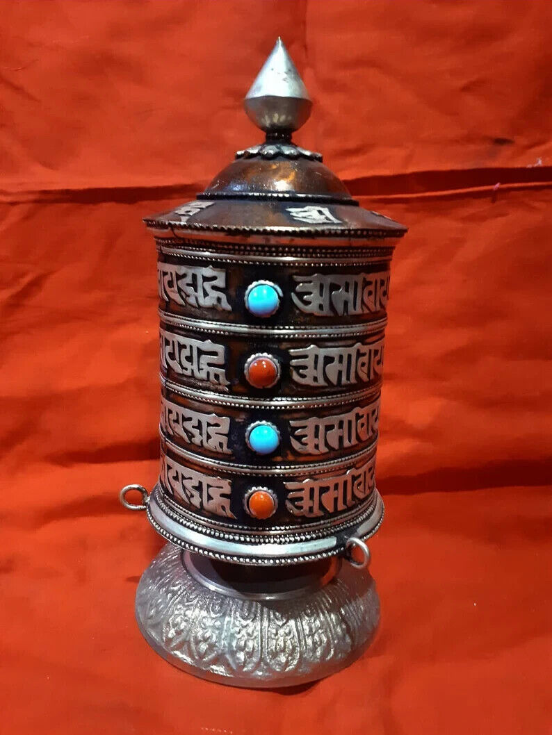 Buddhism Om Mani Padme Hum Mantra 8" Oxide Copper Brass Handmade Offering Prayer Wheel Nepal