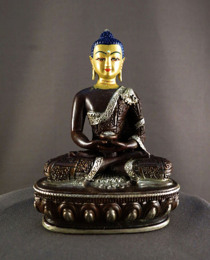 Buddhism Gold Face Hand Painting Lord Amitabha Buddha Silver Oxide Copper Statue Figure Nepal