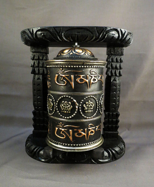 Tibetan 8 Auspicious Om Mantra Meditation Offering Wooden Craved Frame Copper Oxide Prayer Wheel Nepal