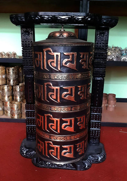 Buddhism Om Mani Padme Hum Mantra 35" Wooden Frame Carved Copper Prayer Wheel Nepal