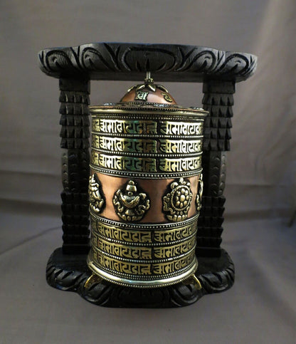 Buddhism Om Mantra 8 Auspicious Meditation Offering Wooden Frame Copper Prayer Wheel Nepal