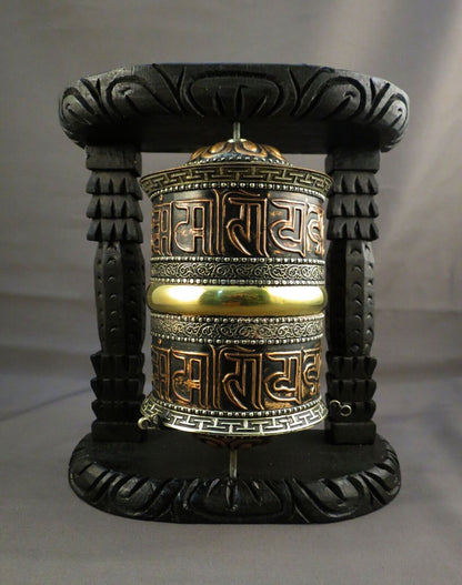 Buddhism Om Mantra Copper Meditation Offering Copper Oxide Wooden Frame Offering Prayer Wheel Nepal