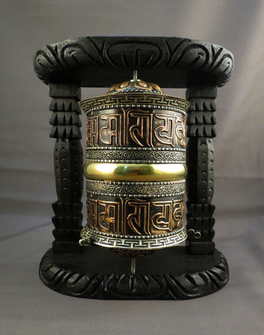 Buddhism Om Mantra Copper Meditation Offering Copper Oxide Wooden Frame Offering Prayer Wheel Nepal