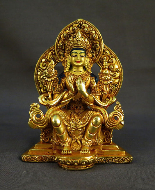 Gold Face Hand Painting Lord Maitreya Buddha Gold Plated Copper Statue Figure Nepal