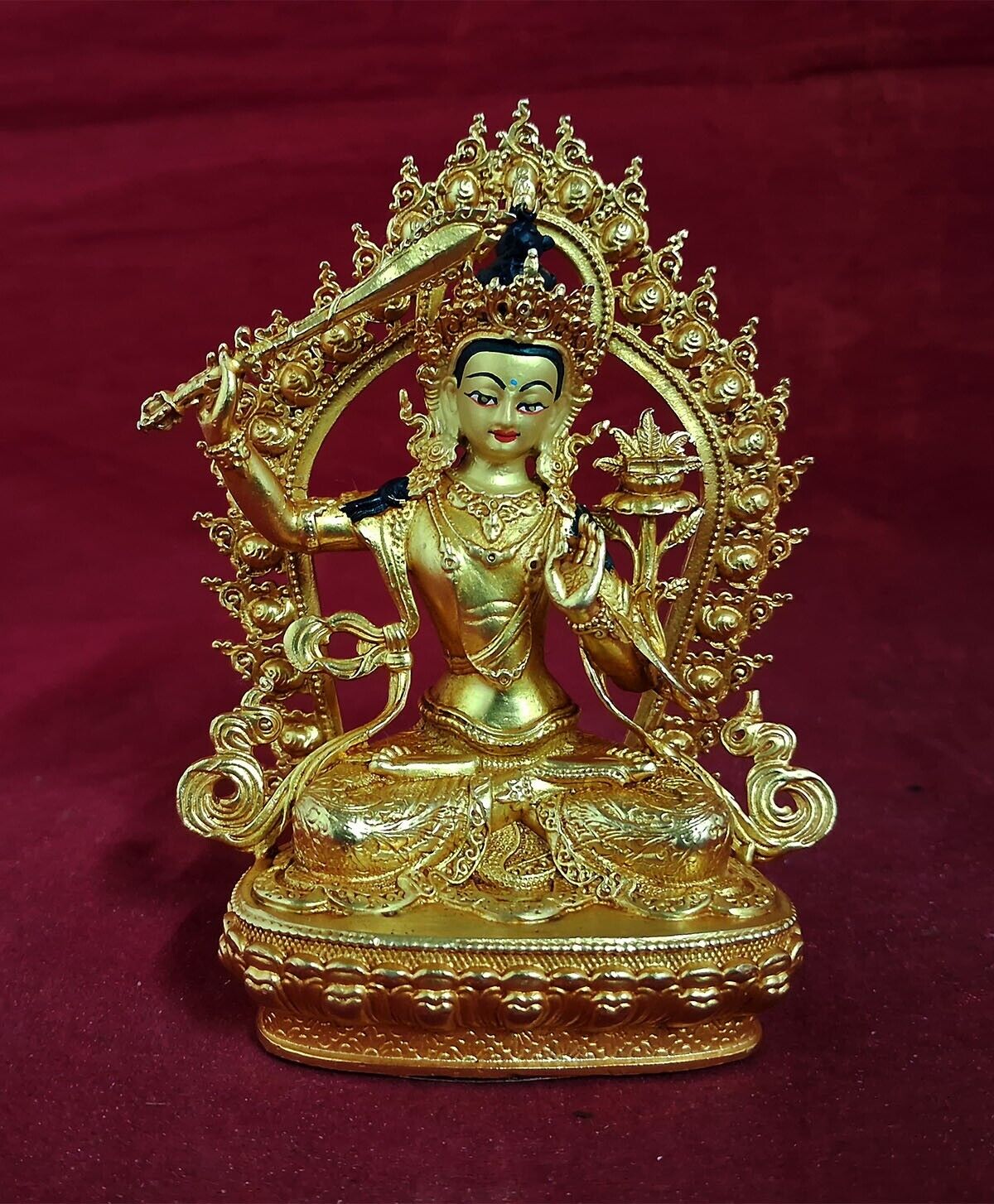 Buddhism Goddess Manjushri Gold Face Paint Copper Gold Plated Statue Figure