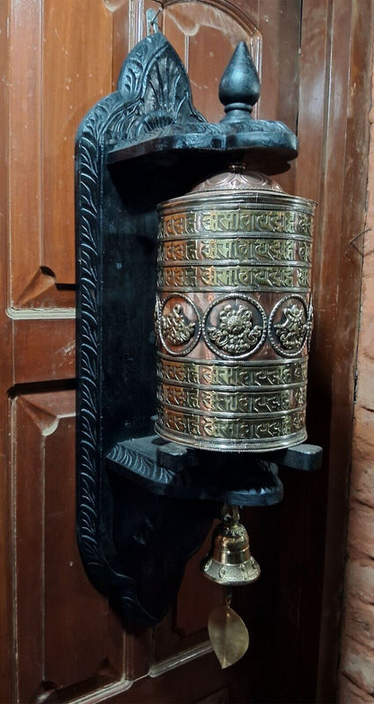 Buddhism 8 Auspicious Sign Om Mantra Wooden Carved Frame Copper Brass Hanging Offering Prayer Wheel Wind bell Nepal