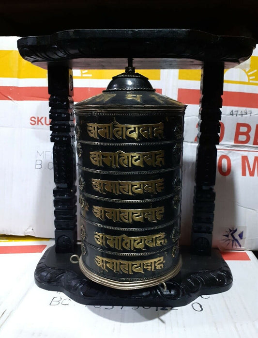 6 Lane Buddhism Om Mani Padme Hum Mantra Copper Brass Handmade Wooden Frame Prayer Wheel Nepal