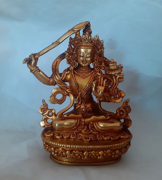 Tibetan Buddhism Goddess Manjushree Manjusri Copper Gold Plated Statue Figure Nepal