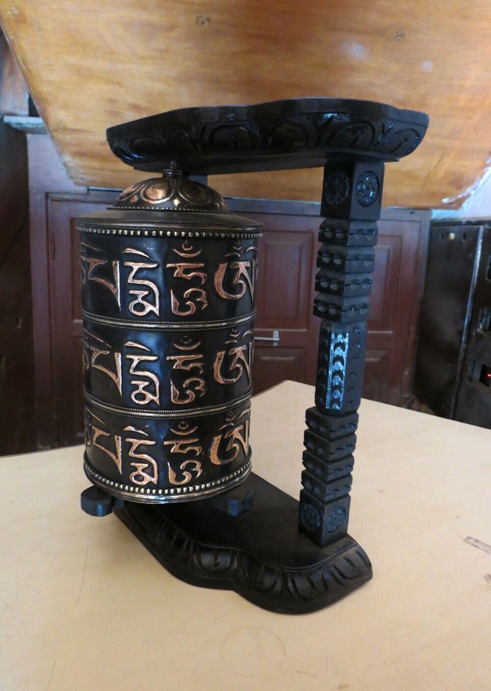 16" Tibetan Buddhism "Om Mani Padme Hum" Mantra Fine Copper Prayer Wheel Nepal