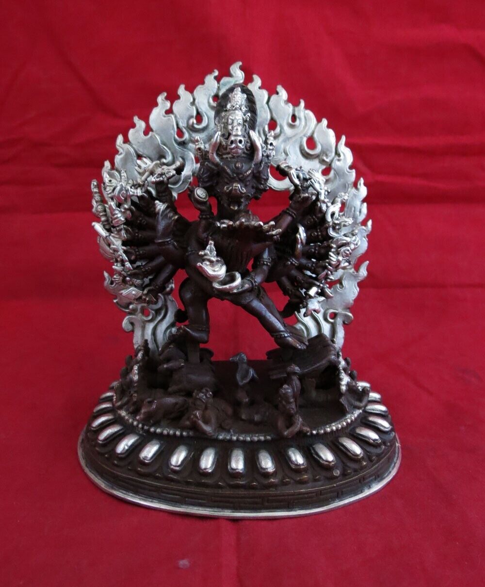 Tibetan Buddhism Wrathful Yamantaka with Consort 5" Copper Oxide Silver Plated Statue Nepal