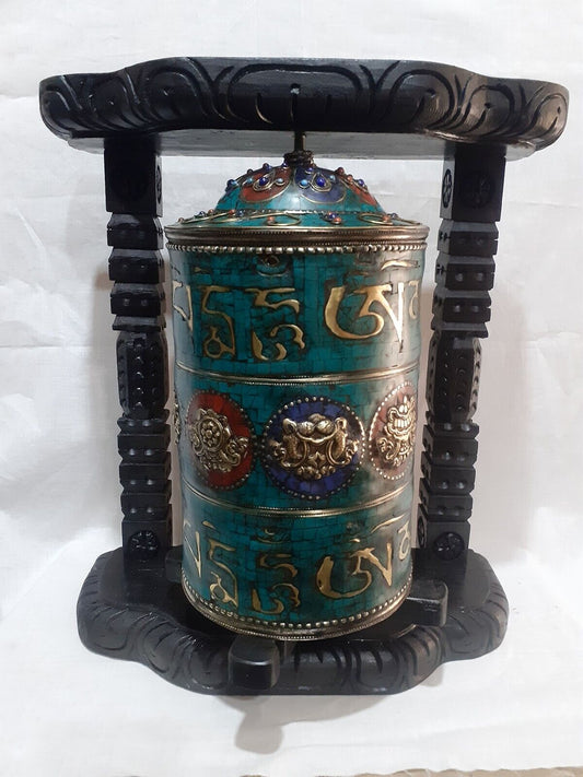 Buddhism Tibetan Om Mani Padme Hum Mantra 8 Auspicious Sign Resin Stone Wooden Frame Copper Brass Handmade Prayer Wheel Nepal