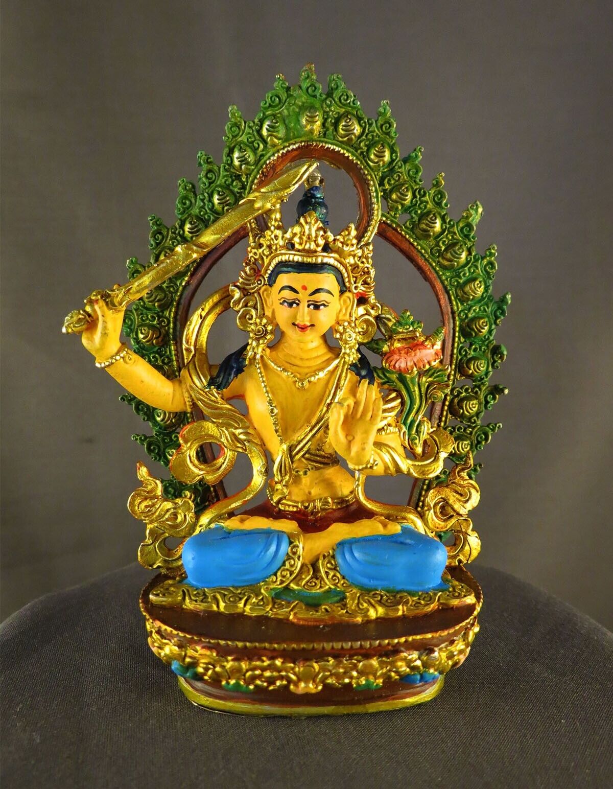 Buddhism Gold Plated Goddess Manjushri Hand Painting Copper Statue Figure Nepal