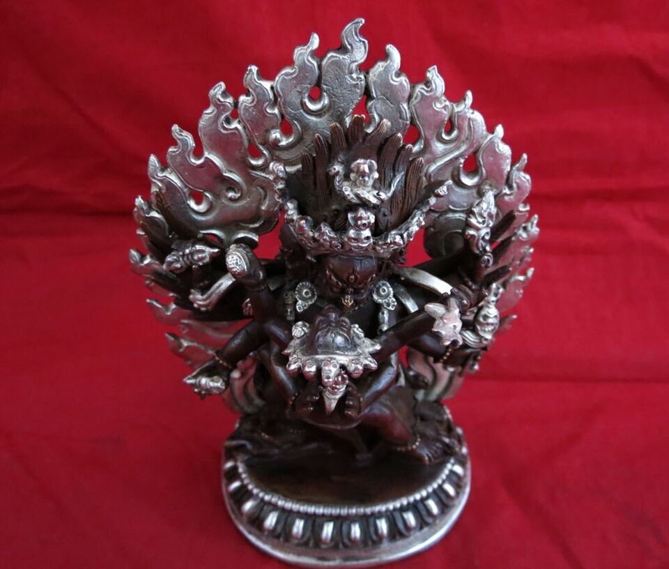 Tibetan Lord Vajrakilla Vajrakilaya Heruka 5" Copper Oxide Silver Plated Statue Figure Nepal