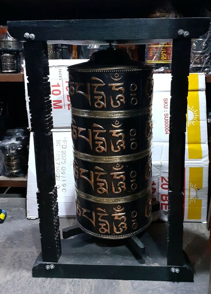 Tibetan Om Mani Padme Hum Mantra 35" Wooden Huge Wooden Frame Copper Offering Prayer Wheel Nepal