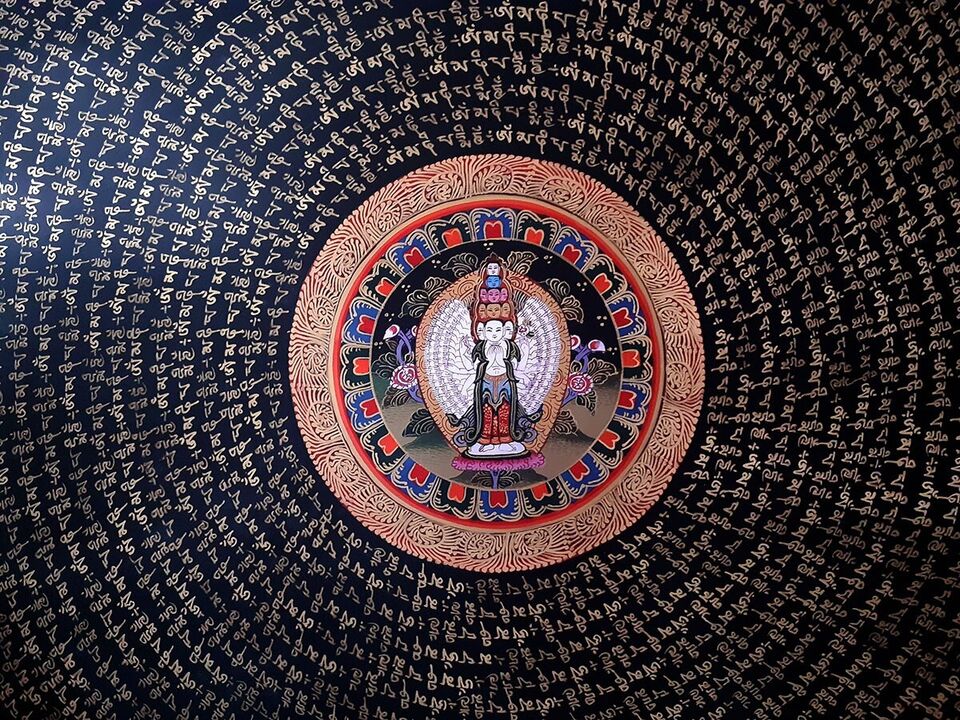 Tibetan Buddhism Om Mantra Mandala with Thousand Arms Goddess Avalokitesvara 21" Thangka