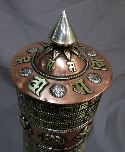 Buddhism Om Mantra 8 Auspicious Sign Brass Copper Offering Table Stand Prayer Wheel Nepal