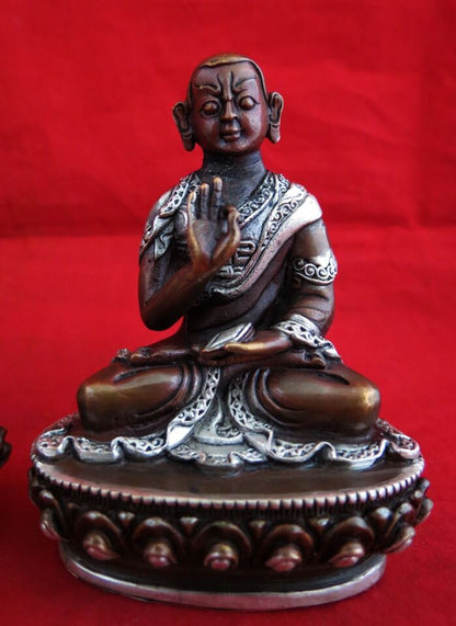 Tibetan Set of Tsongkhapa Silver Plated Oxide Fine 3.5" Copper Handmade Statue Figure Nepal