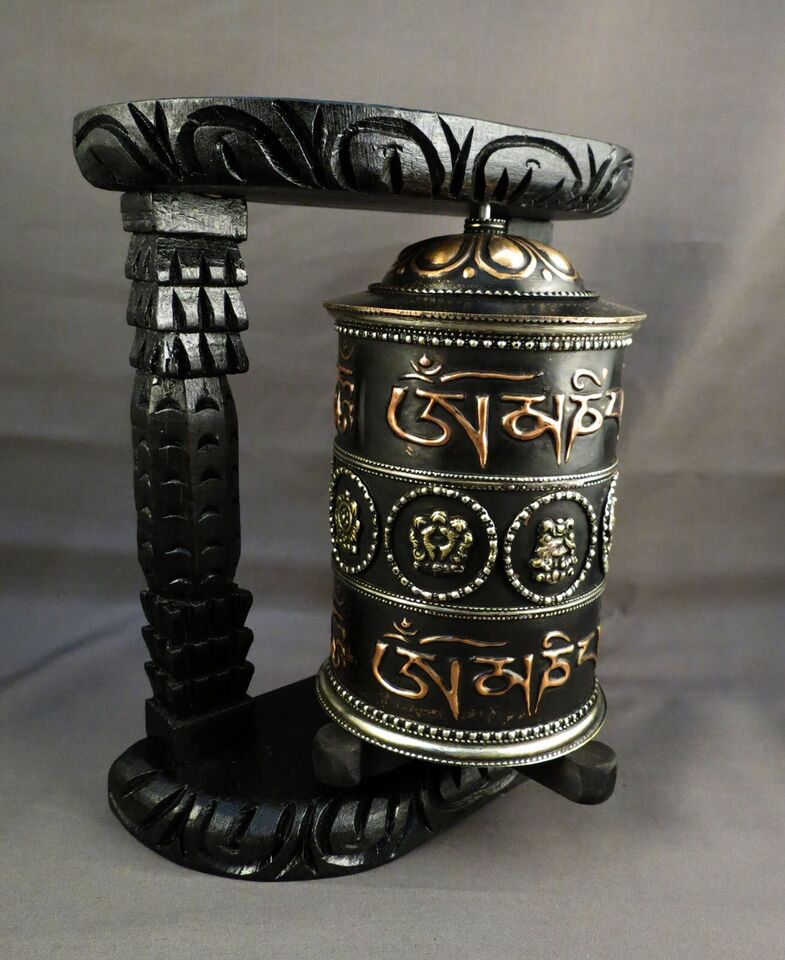 Tibetan 8 Auspicious Om Mantra Meditation Offering Wooden Craved Frame Copper Oxide Prayer Wheel Nepal