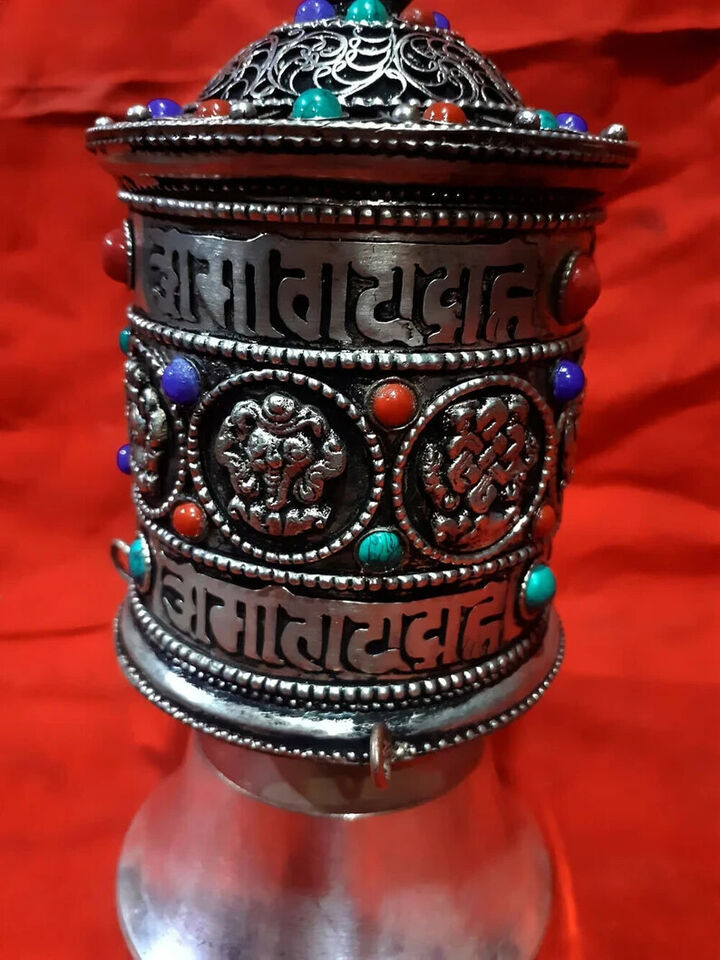 Buddhism 8 Auspicious Sign Om Mantra Silver Plated Stone 7" Copper Brass Prayer Wheel Nepal