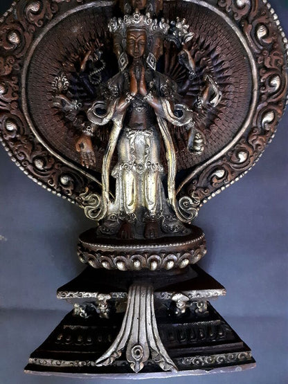 Thousand Arms Lord Avalokitesvara Sahasrabhuja Lokeshwor Copper Oxide 13" Statue Figure Nepal