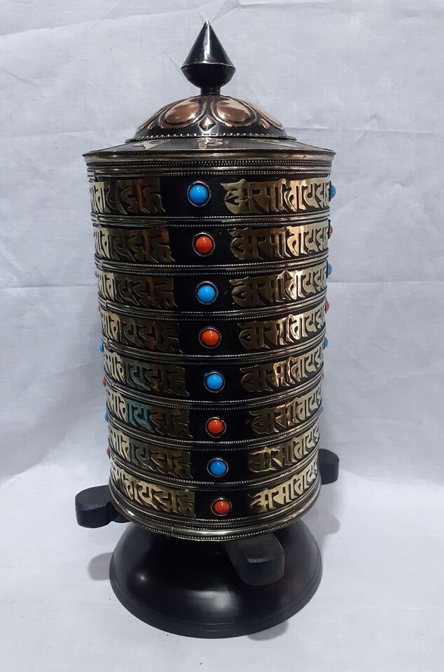 8 Lane Buddhism Om Mani Padme Hum Mantra Copper Brass Stone Offering Prayer Wheel Nepal