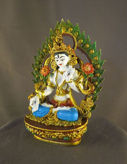 Tibetan Buddhism Goddess White Tara Gold Face Paint Copper Hand Paint Statue Figure Nepal