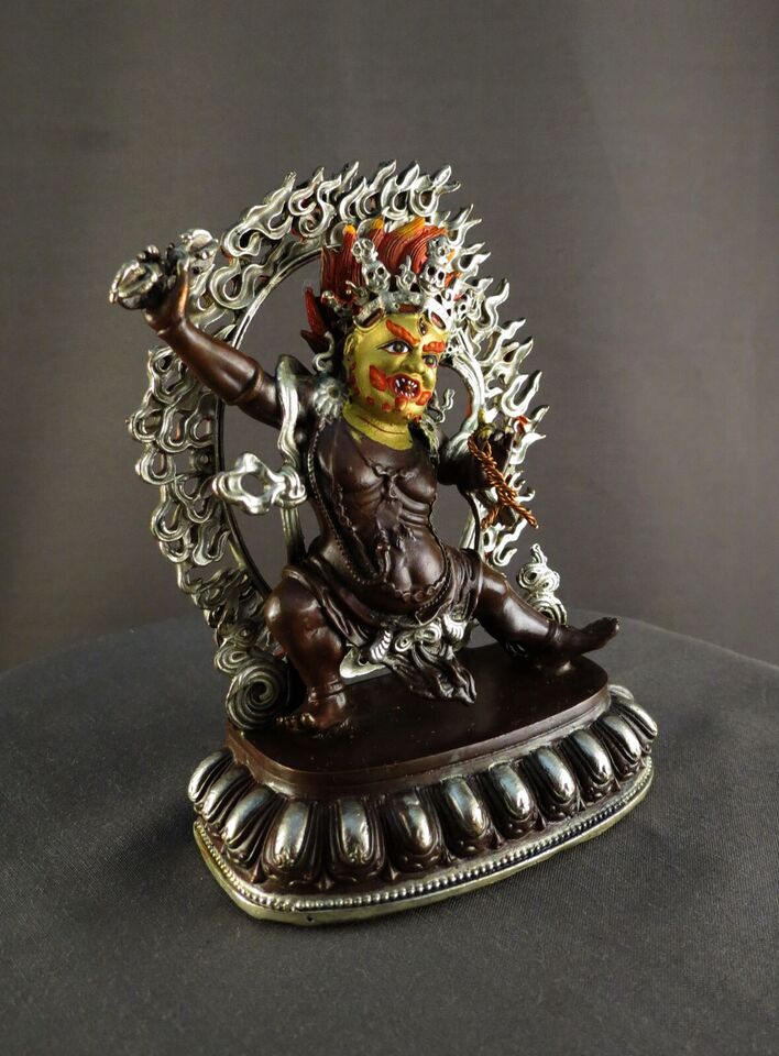 Tibetan Buddhism Protector Gold Face God Vajra Pani Copper Oxide Silver Statue Figure Nepal