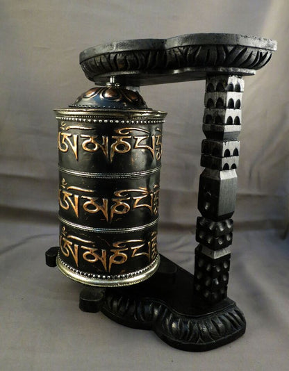 Tibetan Buddhism Om Mani Padme Hum Mantra Wooden Craved Frame Offering Oxide Copper Prayer Wheel Nepal