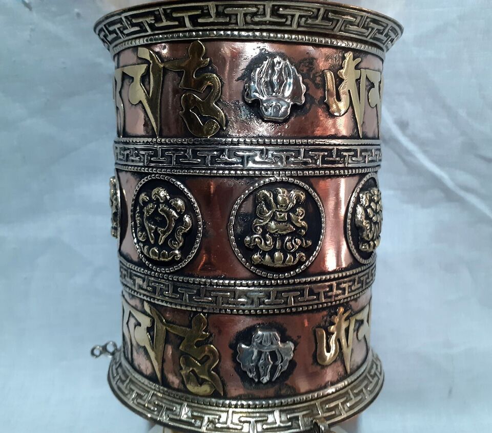 Tibetan Buddhism 8 Auspicious Sign Om Mantra Copper Brass Handmade 8" Offering Prayer Wheel Nepal free