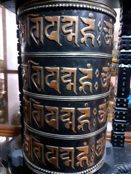 Tibetan Buddhism Om Mani Padme Hum Mantra Wooden Frame Copper Prayer Wheel Nepal