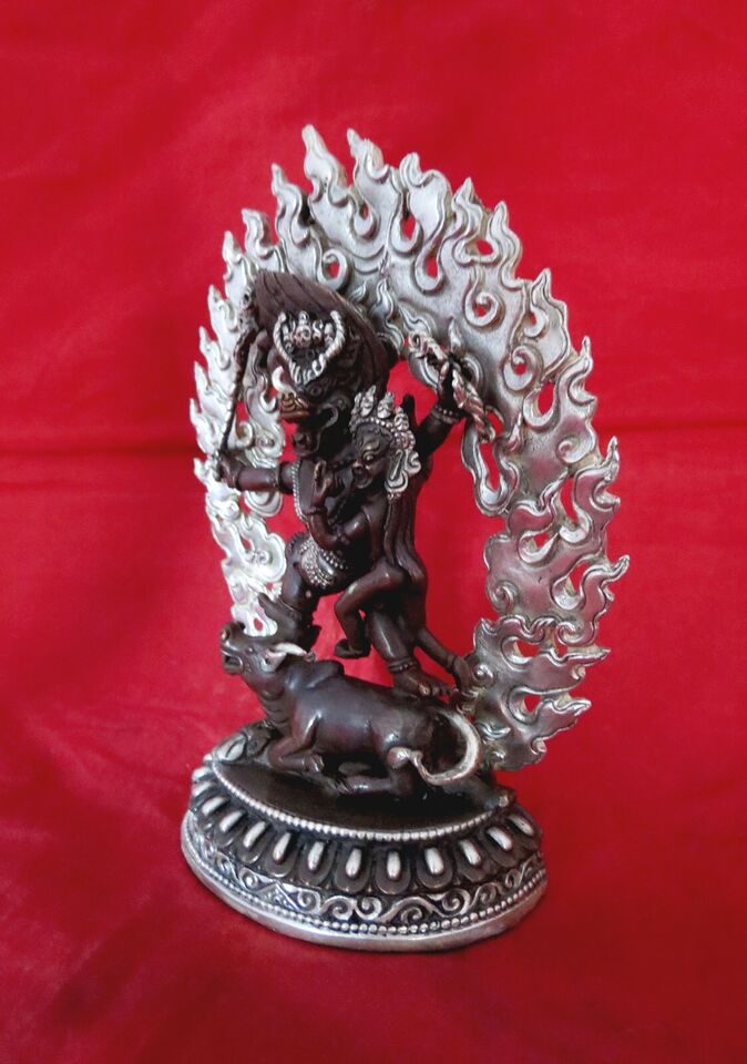 Tibetan Buddhism Wrathful Yamantaka with Consort Copper Oxide Silver Plated Statue Figure Nepal