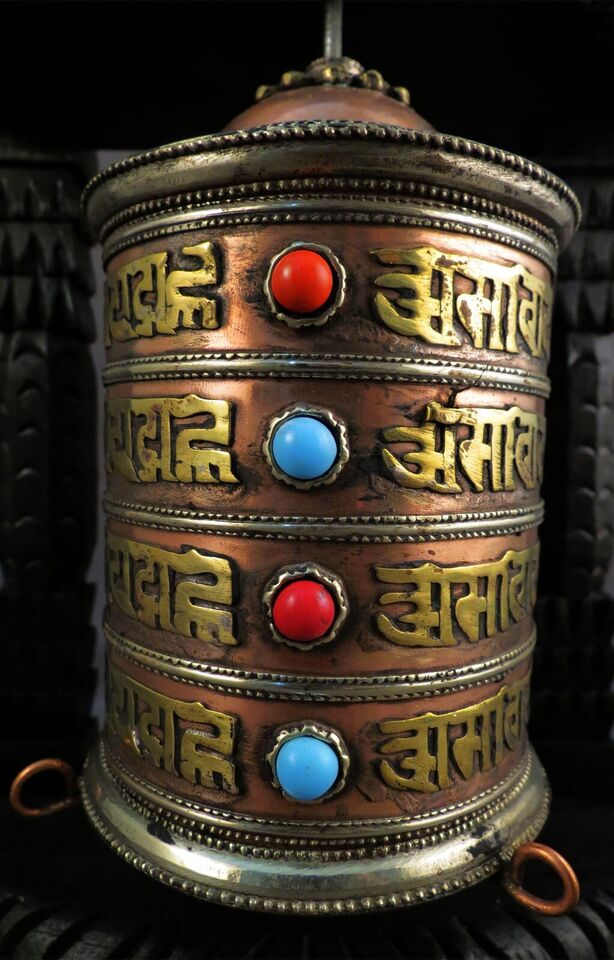 Buddhism Om Mantra Spirituality Offering Wooden Frame Copper Brass Prayer Wheel Nepal