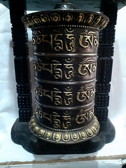 Tibetan Buddhism 4 Lane Offering Om Mani Padme Hum Mantra Wooden Craved Frame Copper Prayer Wheel Nepal