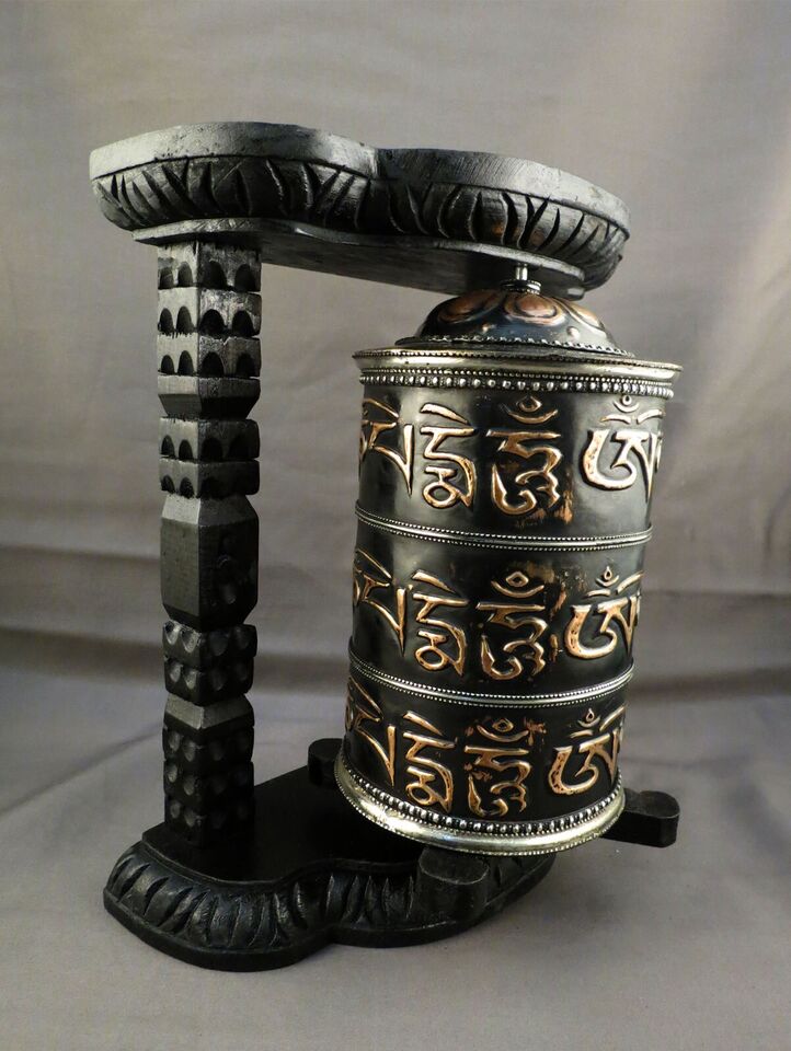 Tibetan Buddhism Om Mani Padme Hum Mantra Wooden Craved Frame Offering Oxide Copper Prayer Wheel Nepal